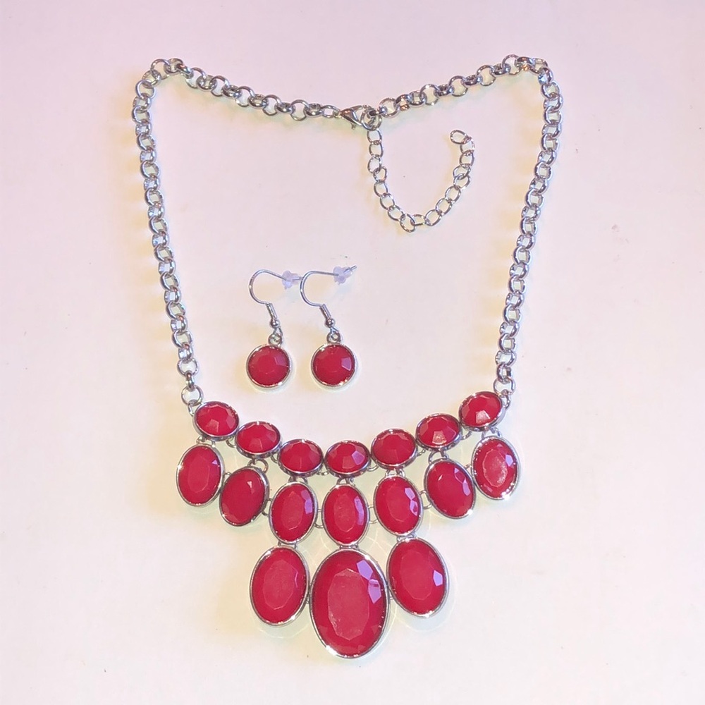 Silver Tone and Red Statement Necklace and Earrings Set